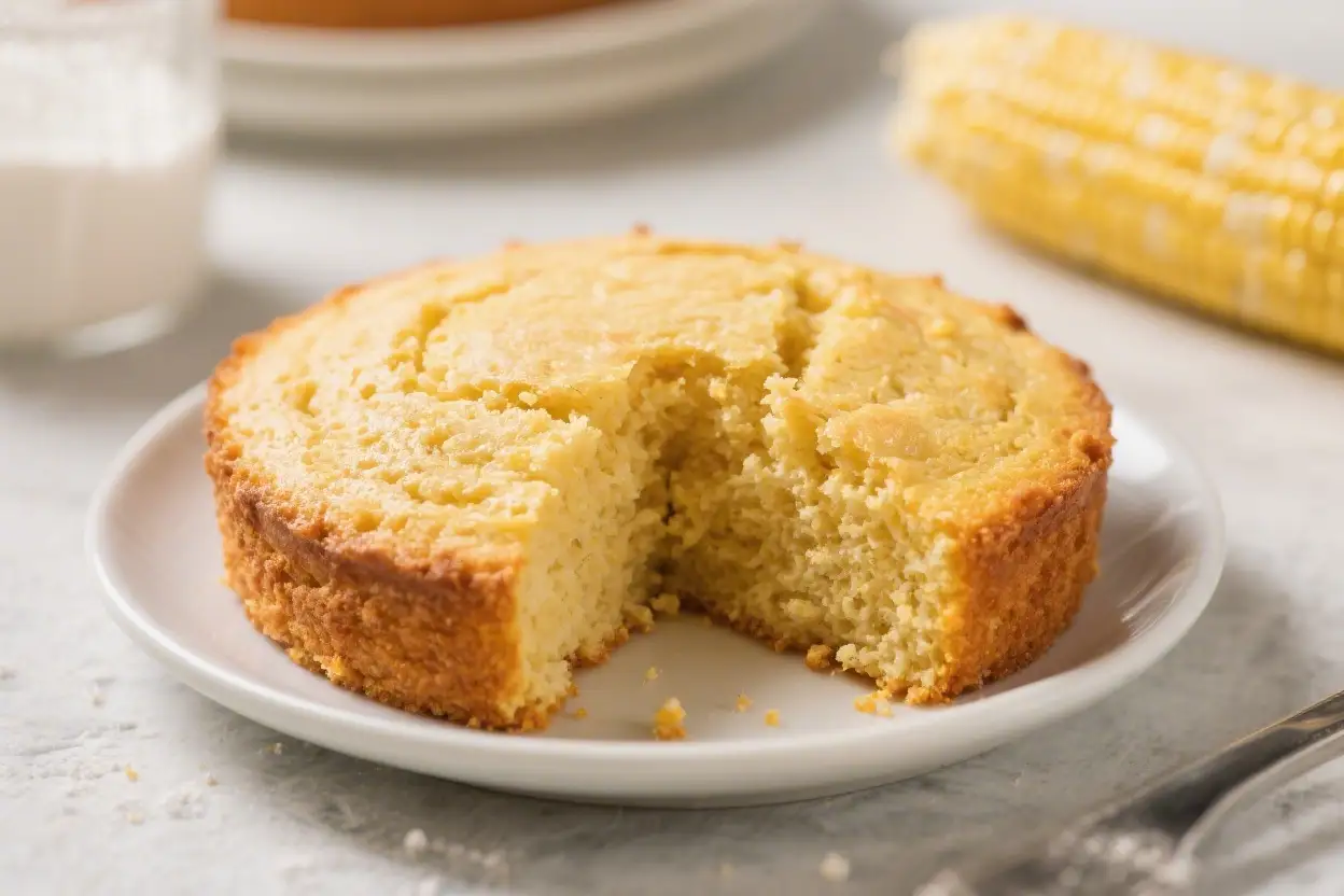 Golden cornbread round cut into slices on a white plate with corn on the cob in the background