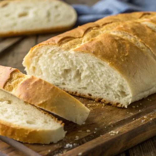 Freshly baked Cuban bread loaf sliced on a wooden board with soft airy interior and golden crispy crust