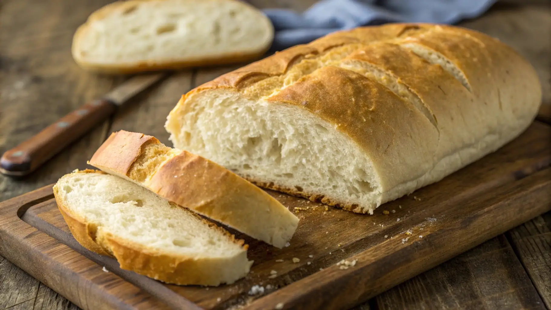 Freshly baked Cuban bread loaf sliced on a wooden board with soft airy interior and golden crispy crust