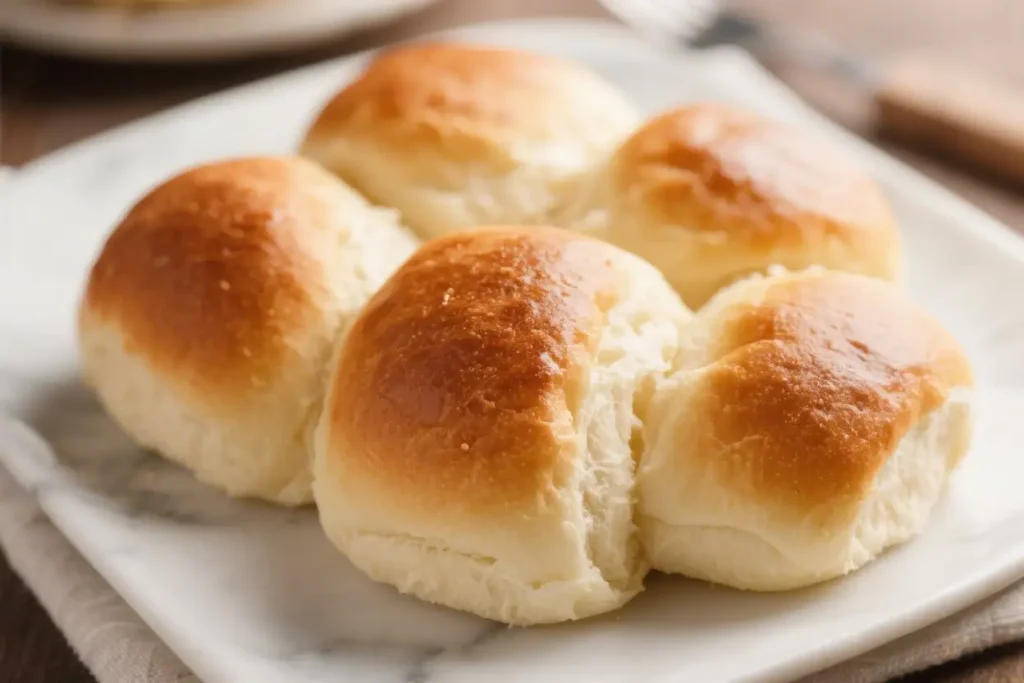 Freshly baked dinner rolls with golden tops and soft fluffy texture on a plate