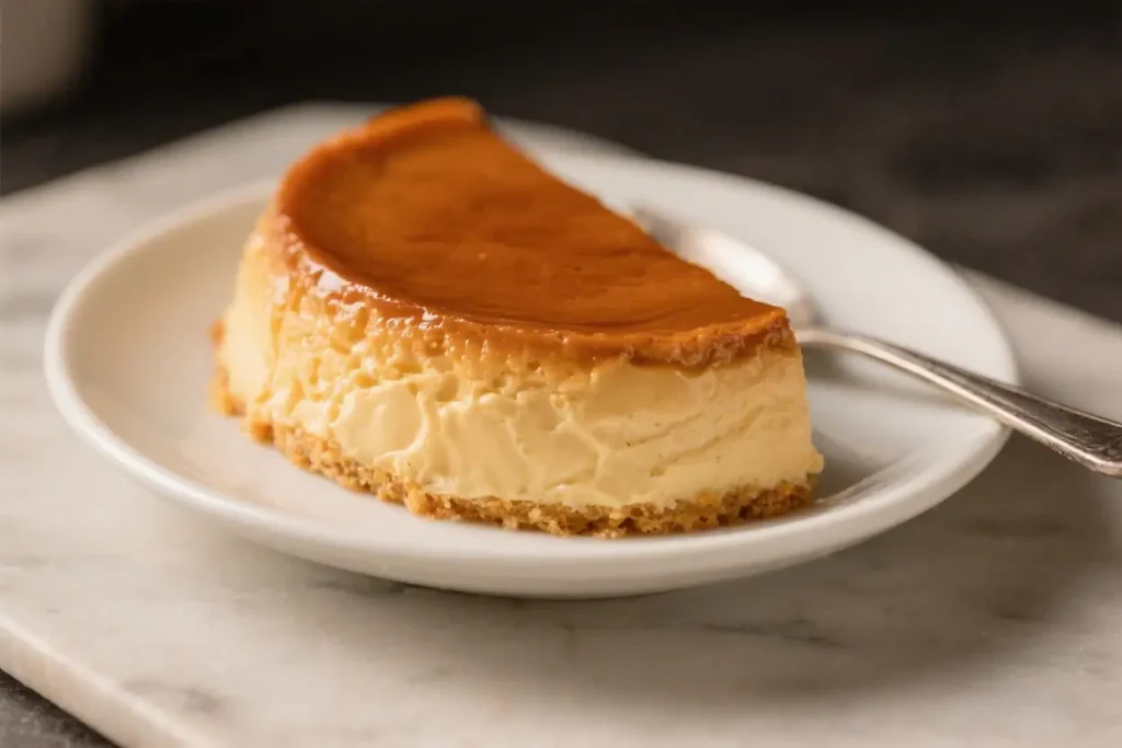 Slice of flan cake with creamy custard layer and caramel topping on a white plate