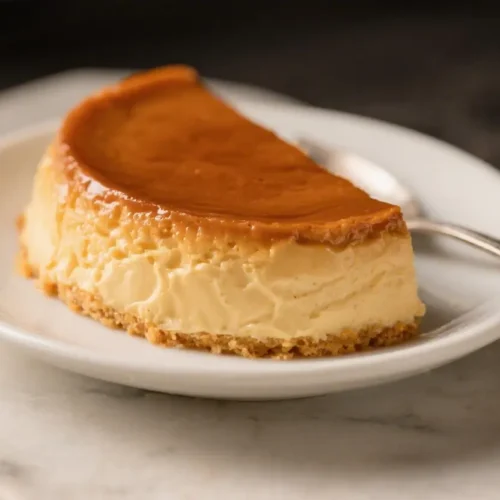Flan Cake Recipe Easy Caramel Custard Layered Dessert - Simple and Comforting 2 Slice of flan cake with creamy custard layer and caramel topping on a white plate