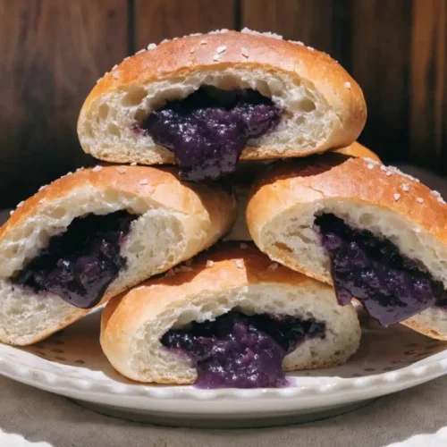 Fluffy Salt Bread Stuffed With Ube Jam – Soft, Sweet, and Perfectly Savory 2 Fluffy Japanese salt bread rolls filled with sweet purple ube jam, soft golden crust topped with sea salt, stacked on a plate.