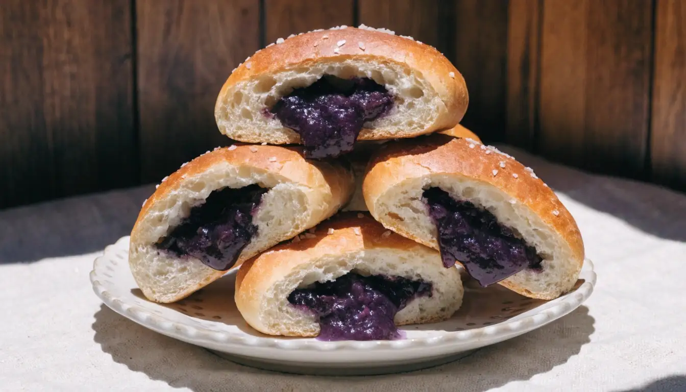 Fluffy Salt Bread Stuffed With Ube Jam – Soft, Sweet, and Perfectly Savory 1 Fluffy Japanese salt bread rolls filled with sweet purple ube jam, soft golden crust topped with sea salt, stacked on a plate.