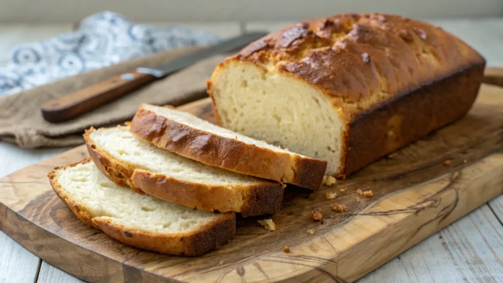 Greek yogurt bread loaf sliced on a wooden board showing soft moist texture and golden crust