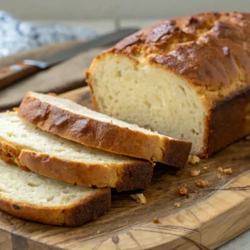 Greek yogurt bread loaf sliced on a wooden board showing soft moist texture and golden crust