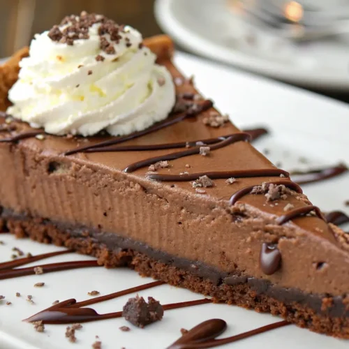 High Protein Chocolate Pie Easy Healthy Dessert Recipe - Simple, Satisfying, and Better-for-You 2 High protein chocolate pie slice with creamy filling and chocolate crust topped with whipped cream