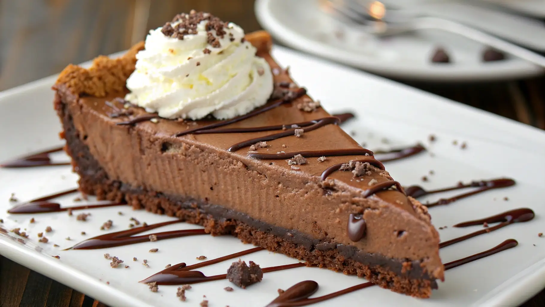 High Protein Chocolate Pie Easy Healthy Dessert Recipe - Simple, Satisfying, and Better-for-You 1 High protein chocolate pie slice with creamy filling and chocolate crust topped with whipped cream