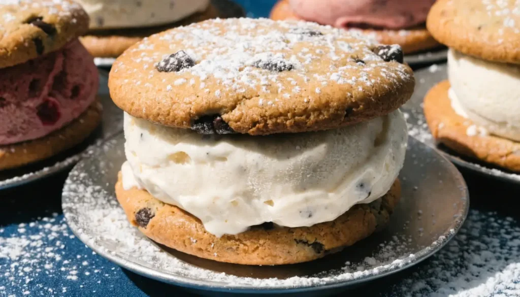 Homemade ice cream sandwich cookies with vanilla ice cream between soft chocolate chip cookies dusted with powdered sugar.