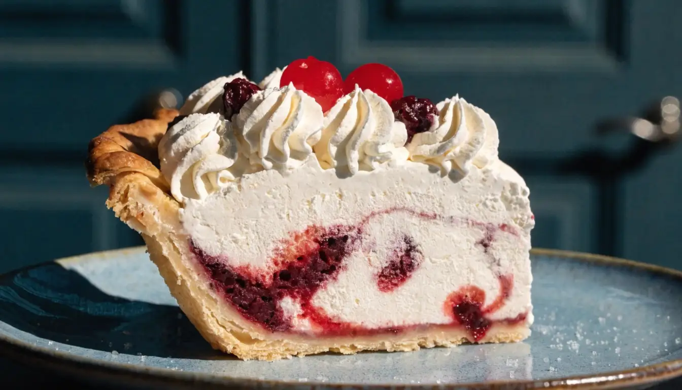 Homemade Ice Cream Pie Recipe (Frozen Treat) - Easy, Creamy, Crowd-Pleasing Dessert 1 Slice of cherry swirl ice cream pie with flaky crust, creamy vanilla filling, whipped cream topping, and maraschino cherries on a blue plate.