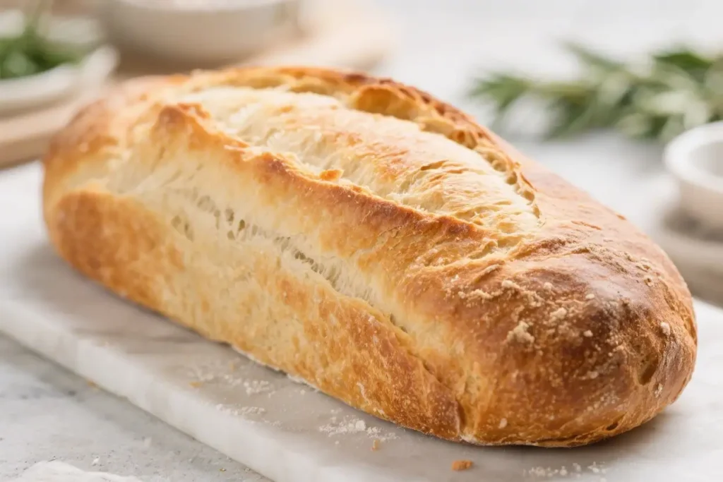 Freshly baked Italian bread loaf with a golden crispy crust and soft airy interior placed on a marble surface