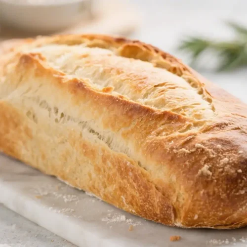 Italian Bread Recipe Easy Homemade Bakery Style Loaf - Simple, Crusty, and Flavorful 2 Freshly baked Italian bread loaf with a golden crispy crust and soft airy interior placed on a marble surface