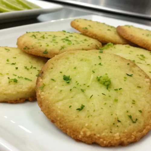 Soft key lime pie cookies topped with fresh lime zest on a white plate with sliced limes in the background.