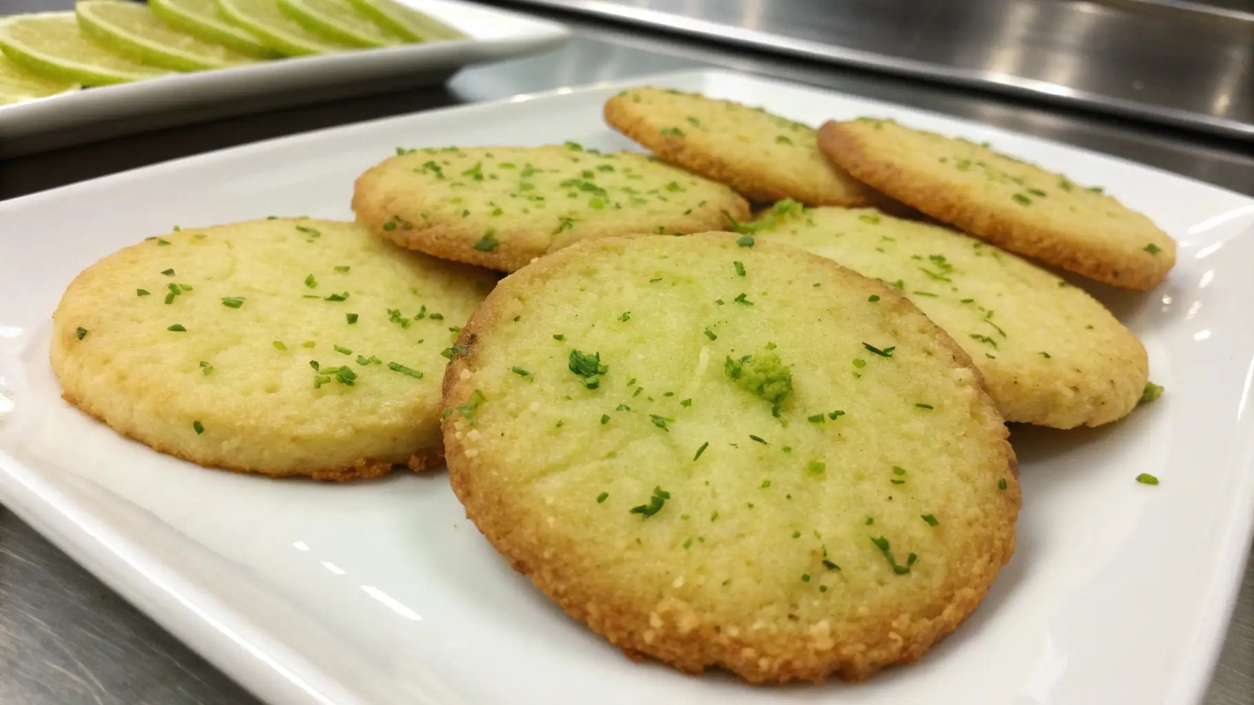 Soft key lime pie cookies topped with fresh lime zest on a white plate with sliced limes in the background.