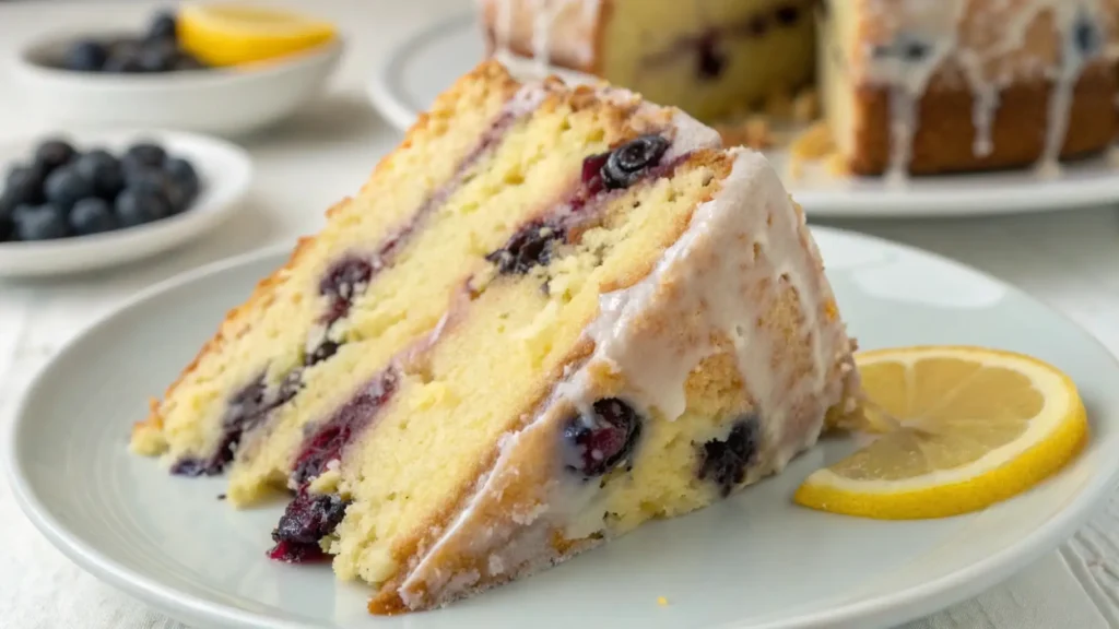 Lemon blueberry cake slices with moist texture and lemon glaze on a dessert plate