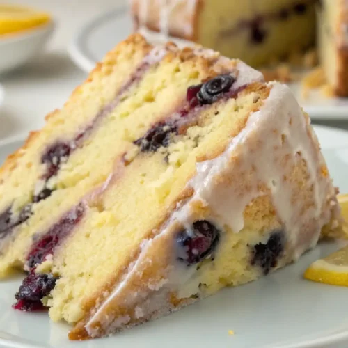 Easy Lemon Blueberry Cake Soft Moist Homemade Recipe - Bright, Fresh, and Simple 2 Lemon blueberry cake slices with moist texture and lemon glaze on a dessert plate
