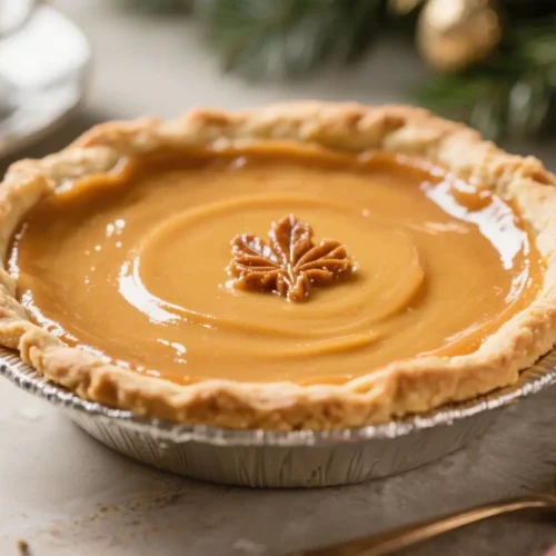 Maple custard pie in a flaky crust with smooth caramel-colored filling and a maple leaf design on top, placed on a festive table.
