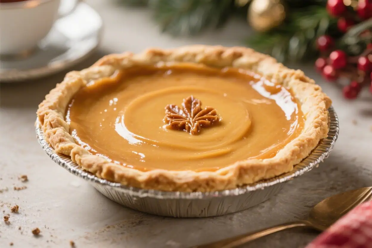 Maple custard pie in a flaky crust with smooth caramel-colored filling and a maple leaf design on top, placed on a festive table.