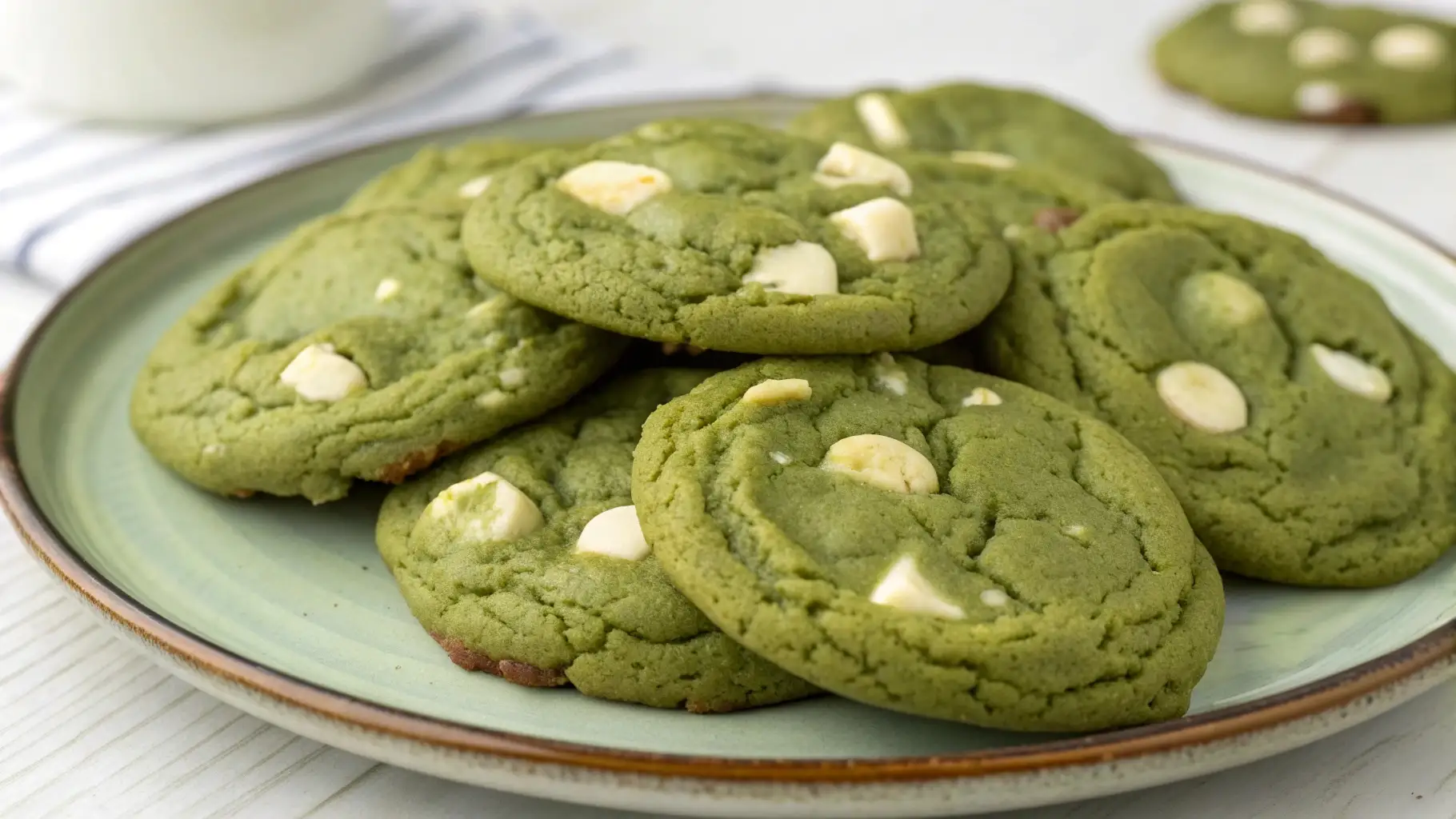 Best Matcha White Chocolate Chunk Cookies Simple Cookie Recipe - Crisp Edges, Chewy Middles 1 Soft matcha white chocolate chunk cookies stacked on a plate with green tea flavored dough and creamy white chocolate pieces