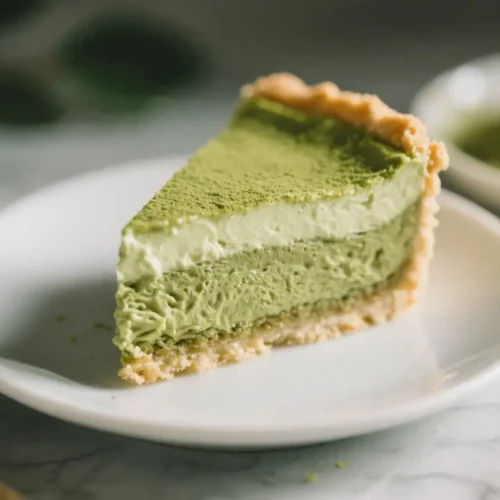 Homemade Matcha Cream Pie Dessert - A Silky, Fresh Take on a Classic 2 Slice of matcha cream pie with a buttery crust and creamy green tea filling, dusted with matcha powder and served on a white plate.