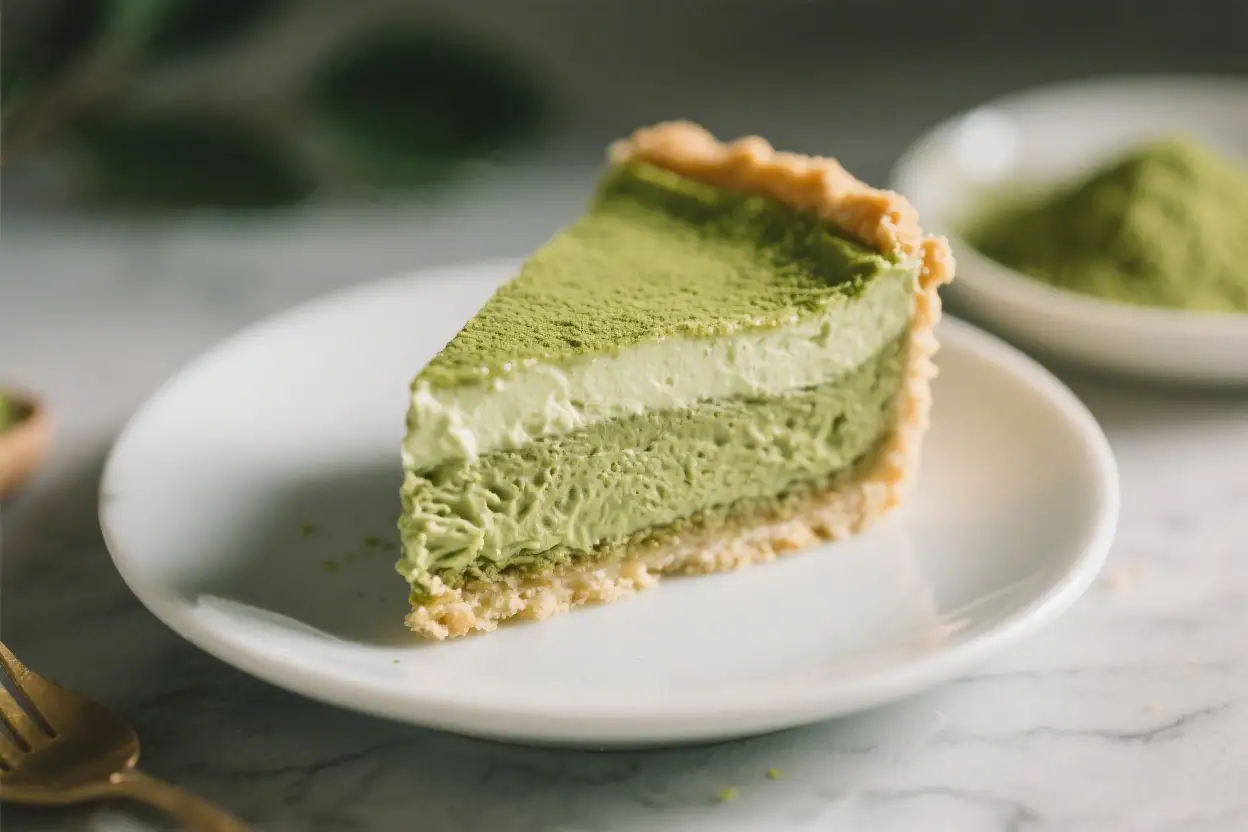 Homemade Matcha Cream Pie Dessert - A Silky, Fresh Take on a Classic 1 Slice of matcha cream pie with a buttery crust and creamy green tea filling, dusted with matcha powder and served on a white plate.