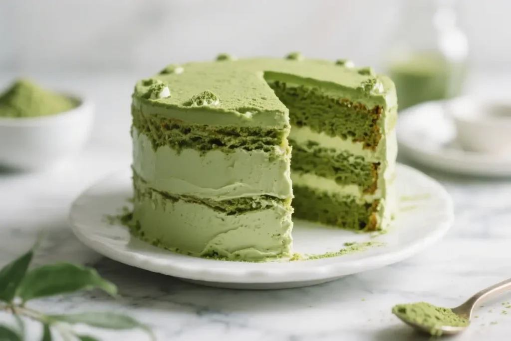 Slice of matcha layered cake with green tea frosting and soft sponge layers on a white plate