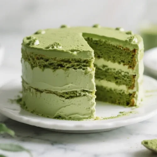 Slice of matcha layered cake with green tea frosting and soft sponge layers on a white plate