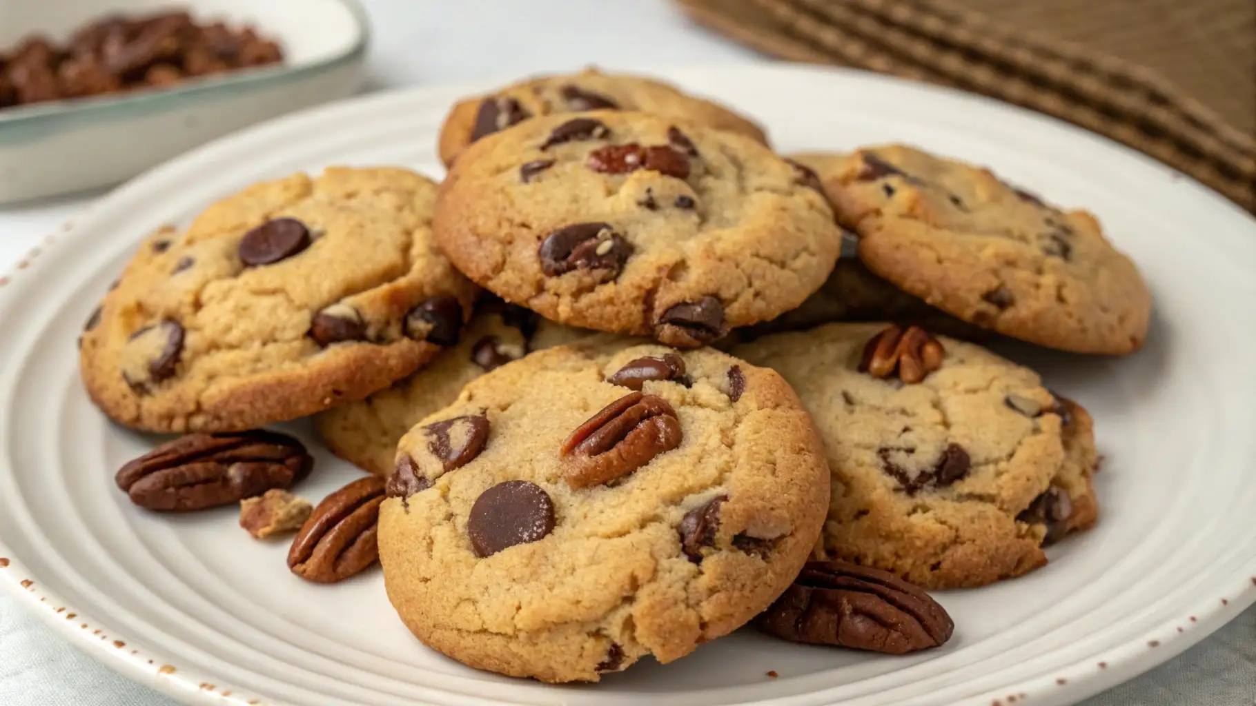 Soft miso pecan chocolate chip cookies stacked on a white plate with visible chocolate chunks and pecan pieces in a cozy kitchen setting.