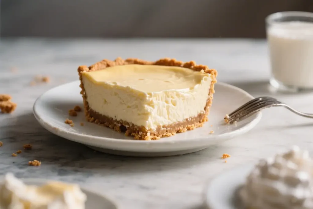 Slice of New York cheesecake pie with creamy filling and graham cracker crust on a white plate