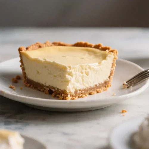 Slice of New York cheesecake pie with creamy filling and graham cracker crust on a white plate