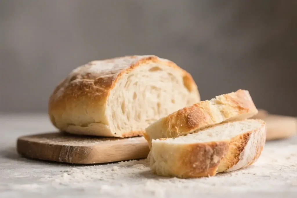 No knead bread loaf sliced on a wooden board with a golden crust and soft airy interior