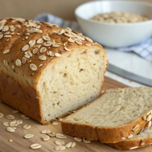 Freshly baked oat bread loaf topped with rolled oats, sliced on a wooden board with a soft, fluffy interior visible.