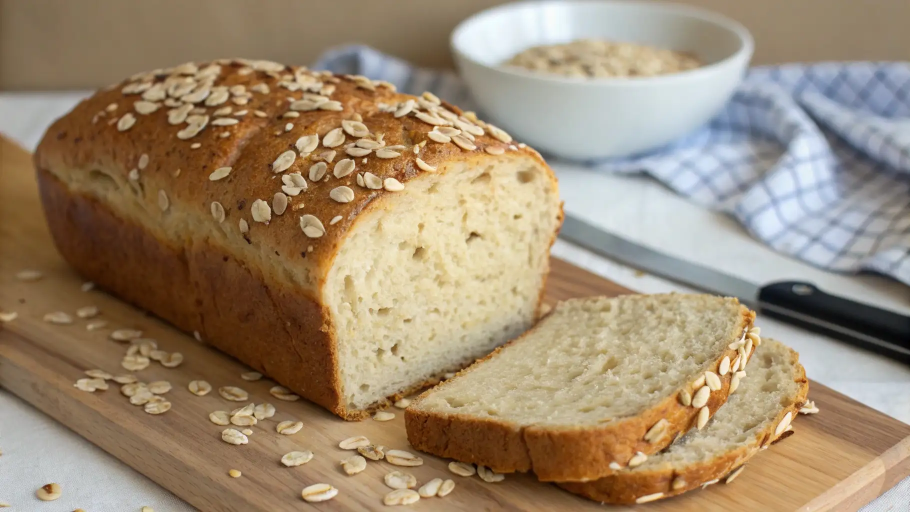 Freshly baked oat bread loaf topped with rolled oats, sliced on a wooden board with a soft, fluffy interior visible.