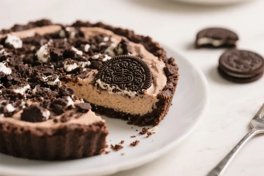No bake Oreo pie with chocolate cookie crust and creamy cookies and cream filling topped with crushed Oreos