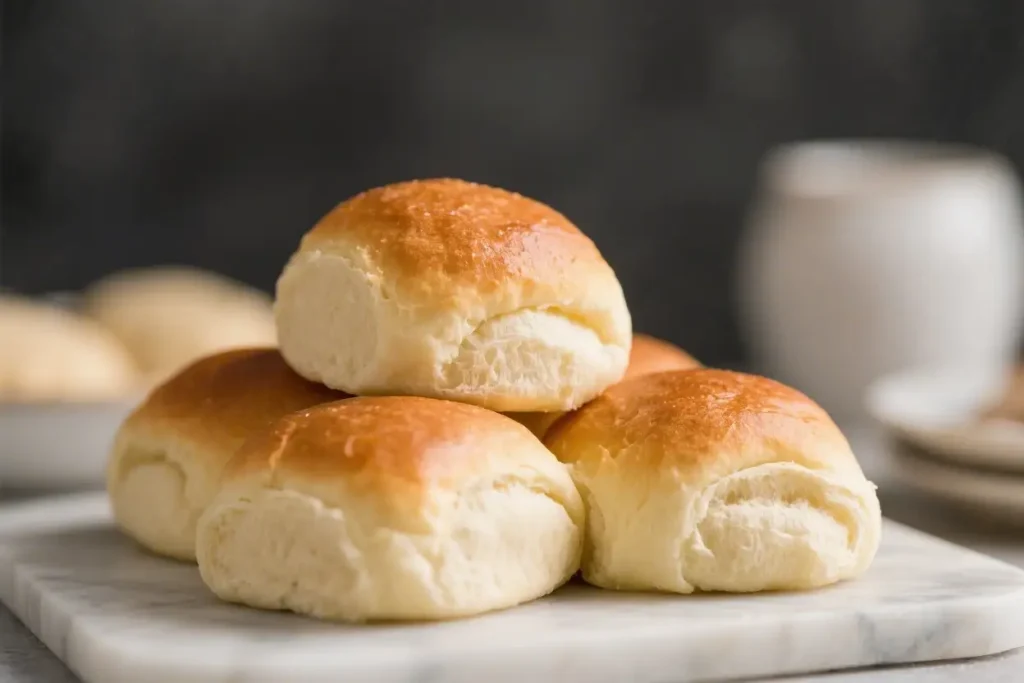 Soft golden Parker House rolls stacked on a marble board showing fluffy interior texture and lightly browned tops