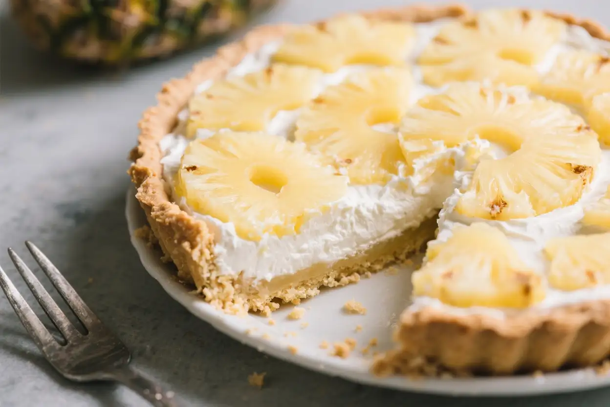 Tropical Pineapple Cream Pie (Easy Crowd-Pleaser) - Bright, Creamy, and Refreshing 1 Pineapple cream pie with a buttery crust and fluffy whipped cream filling, topped with pineapple rings, with a slice removed on a white plate.