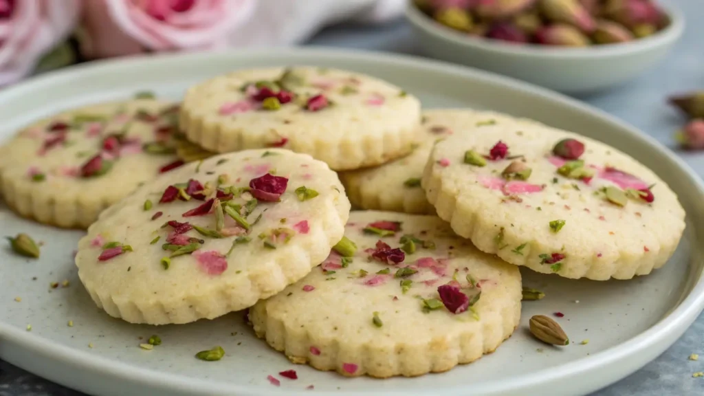 Buttery pistachio rose shortbread cookies topped with chopped pistachios and dried rose petals on a light ceramic plate, elegant floral tea cookies with soft crumb texture.