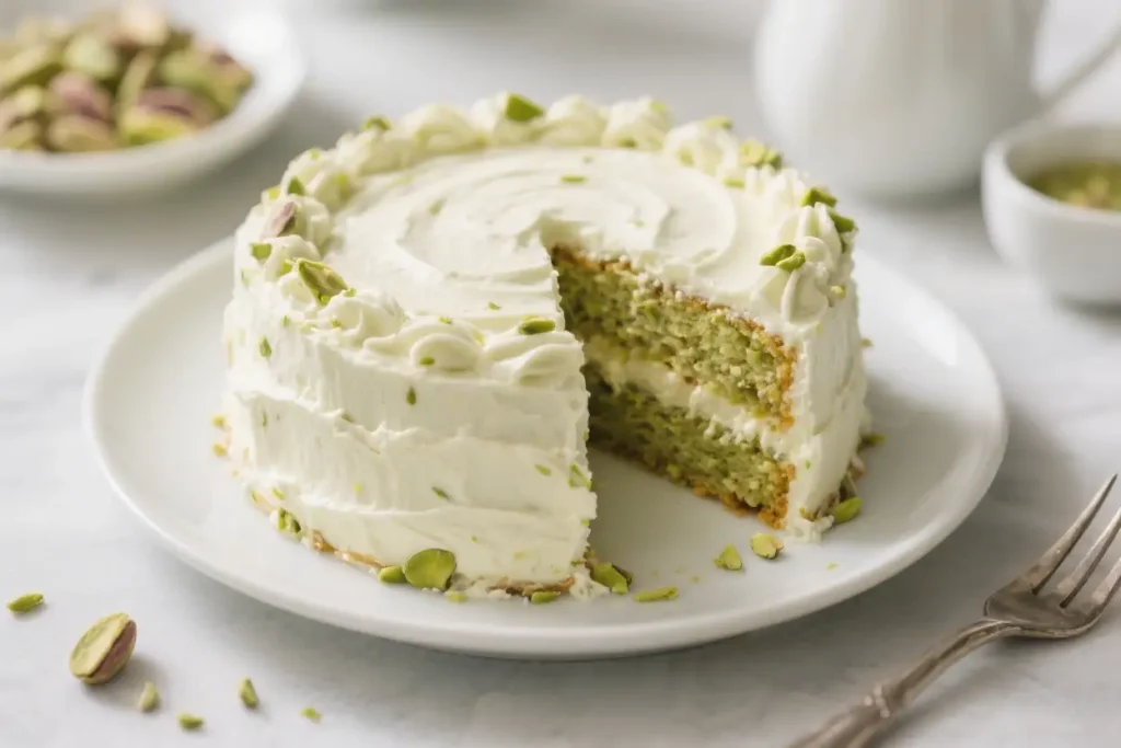 Slice of pistachio cream cake with white frosting and chopped pistachios on a white plate