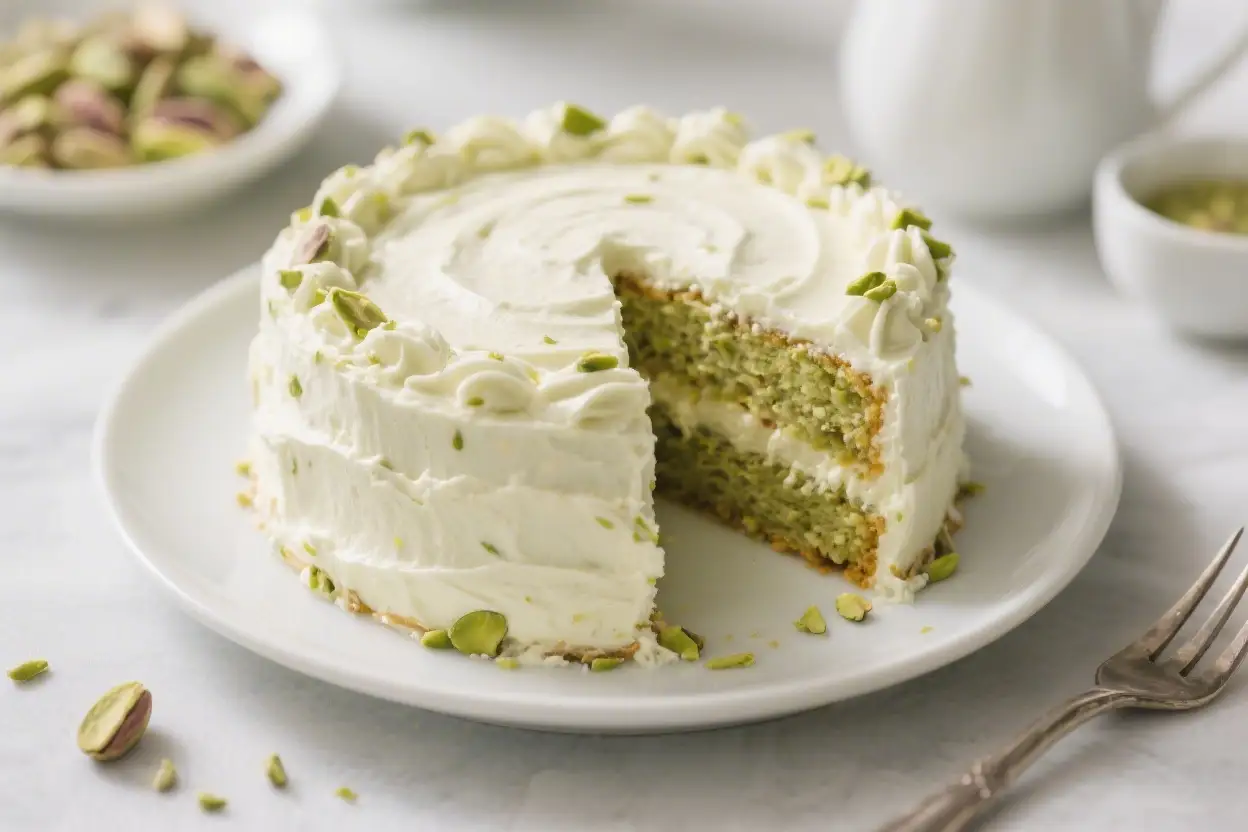 Easy Pistachio Cream Cake – Soft and Creamy Dessert Recipe 1 Slice of pistachio cream cake with white frosting and chopped pistachios on a white plate