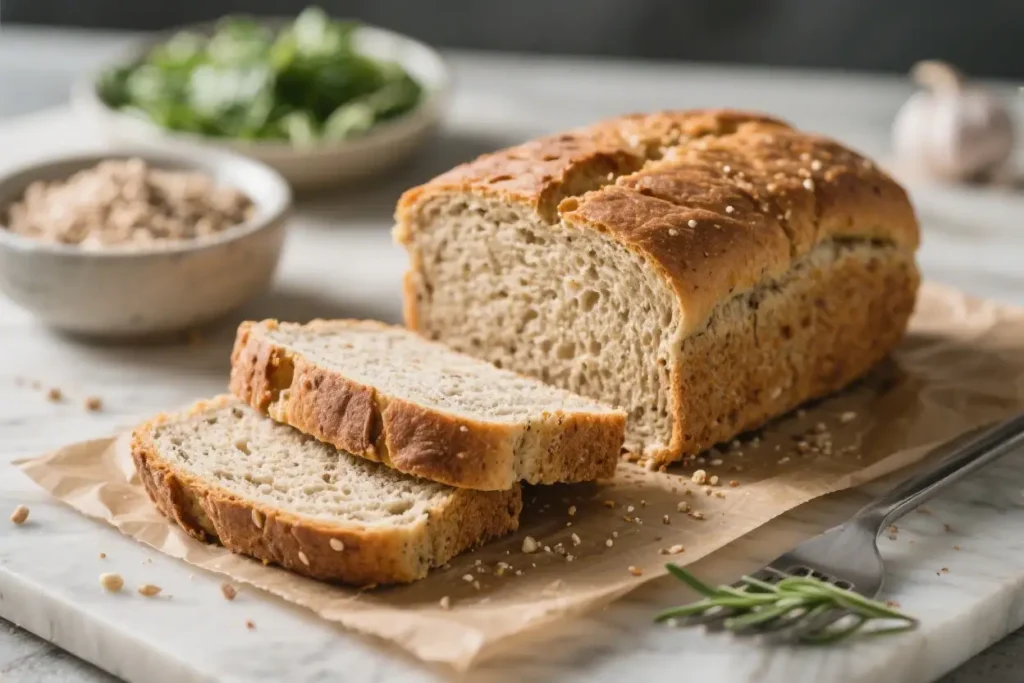 Sliced homemade protein bread loaf with seeds on top served on parchment paper with grains and herbs in the background