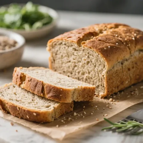 Sliced homemade protein bread loaf with seeds on top served on parchment paper with grains and herbs in the background