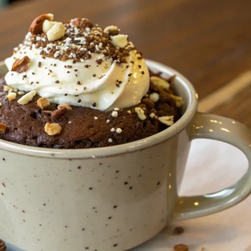 Chocolate protein mug cake topped with whipped cream and chopped nuts in a ceramic mug on a wooden table.