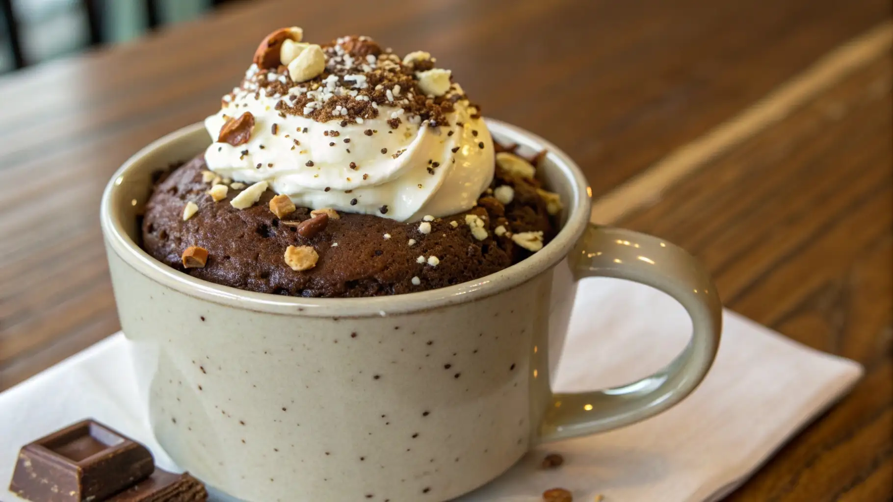Chocolate protein mug cake topped with whipped cream and chopped nuts in a ceramic mug on a wooden table.