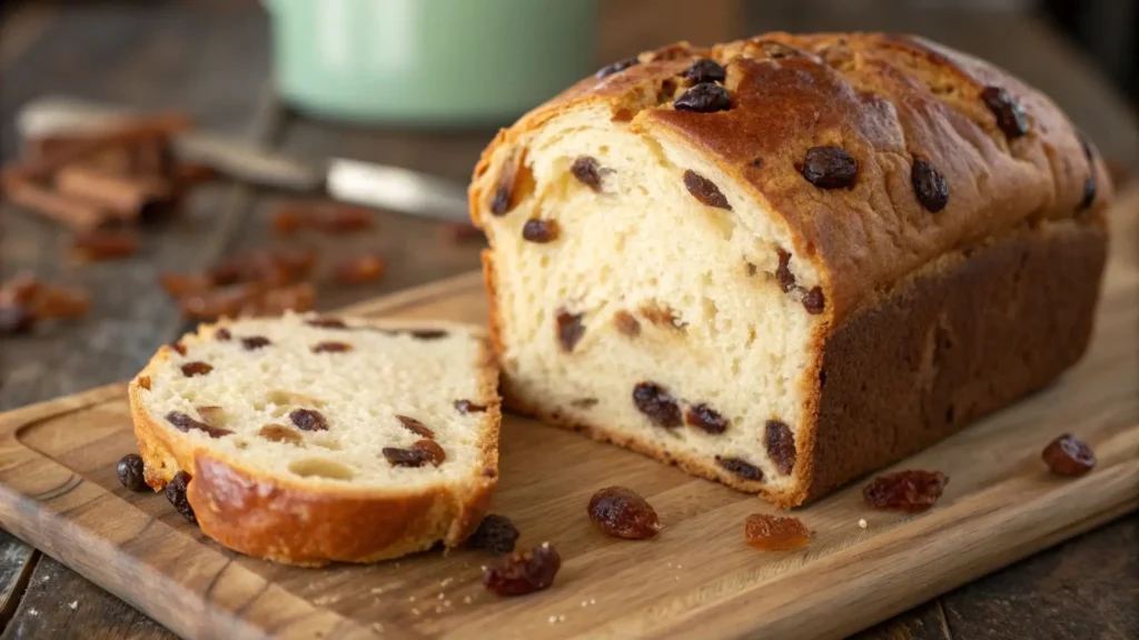 Homemade raisin bread loaf on a wooden board with sliced piece showing soft texture and raisins baked throughout.