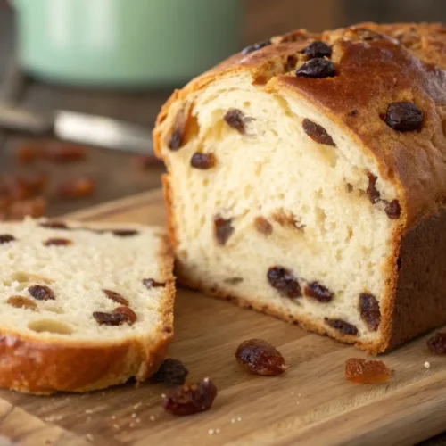 Homemade raisin bread loaf on a wooden board with sliced piece showing soft texture and raisins baked throughout.