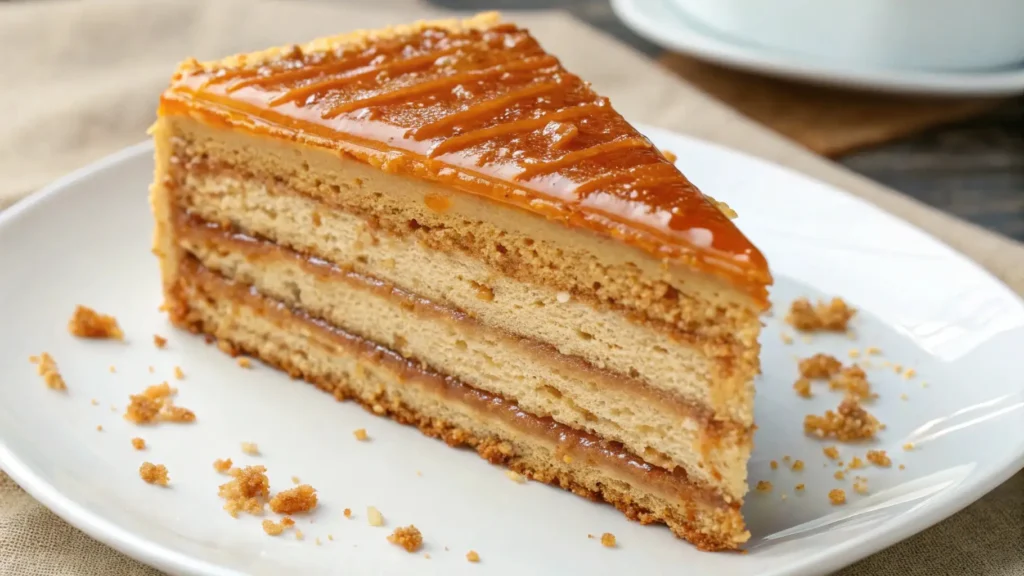 Slice of Russian honey cake with multiple thin honey layers and creamy filling, topped with glossy caramel drizzle on a white plate.