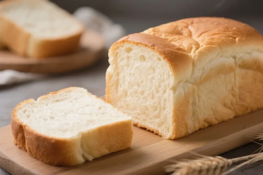 Close-up of freshly baked Shokupan Japanese white bread loaf sliced open on a wooden board, revealing ultra-fluffy, pillowy interior with thin golden crust, accompanied by smaller loaves and wheat stalks on a rustic gray surface.