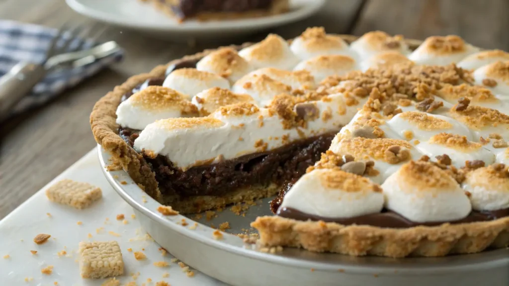 S'mores pie with graham cracker crust, melted chocolate filling, and toasted marshmallow topping