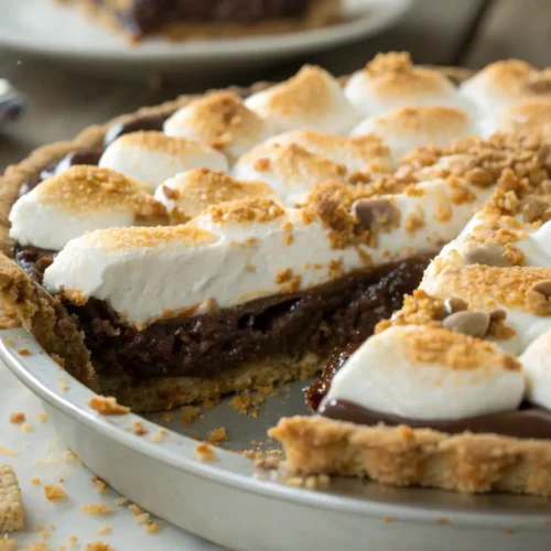 S'mores pie with graham cracker crust, melted chocolate filling, and toasted marshmallow topping