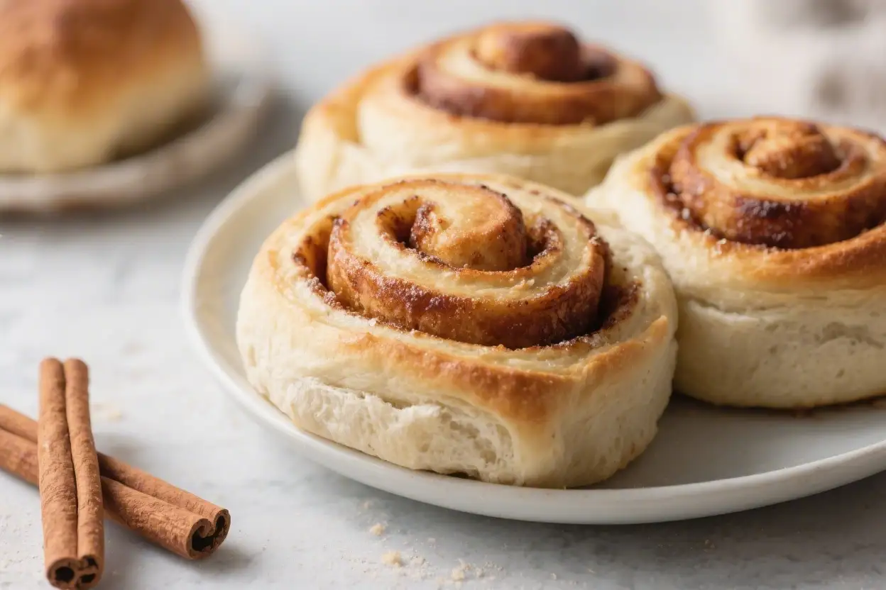 Fluffy Sourdough Cinnamon Rolls From Scratch – Soft, Buttery, and Perfect for Brunch 1 Soft sourdough cinnamon rolls with fluffy layers and cinnamon swirl filling, freshly baked and served on a white plate with cinnamon sticks.